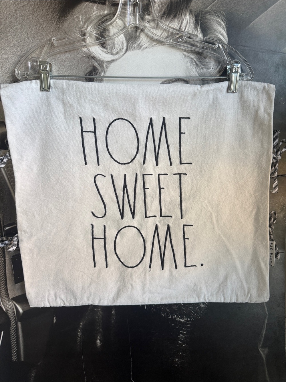 Rae Dunn White Pillow Cover with Black Tag Detail